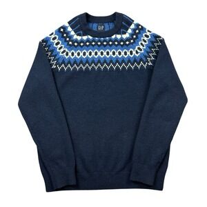 Gap Nordic Sweater Men Medium Blue Fair Isle Crewneck Wool Blend Cabin Cottage